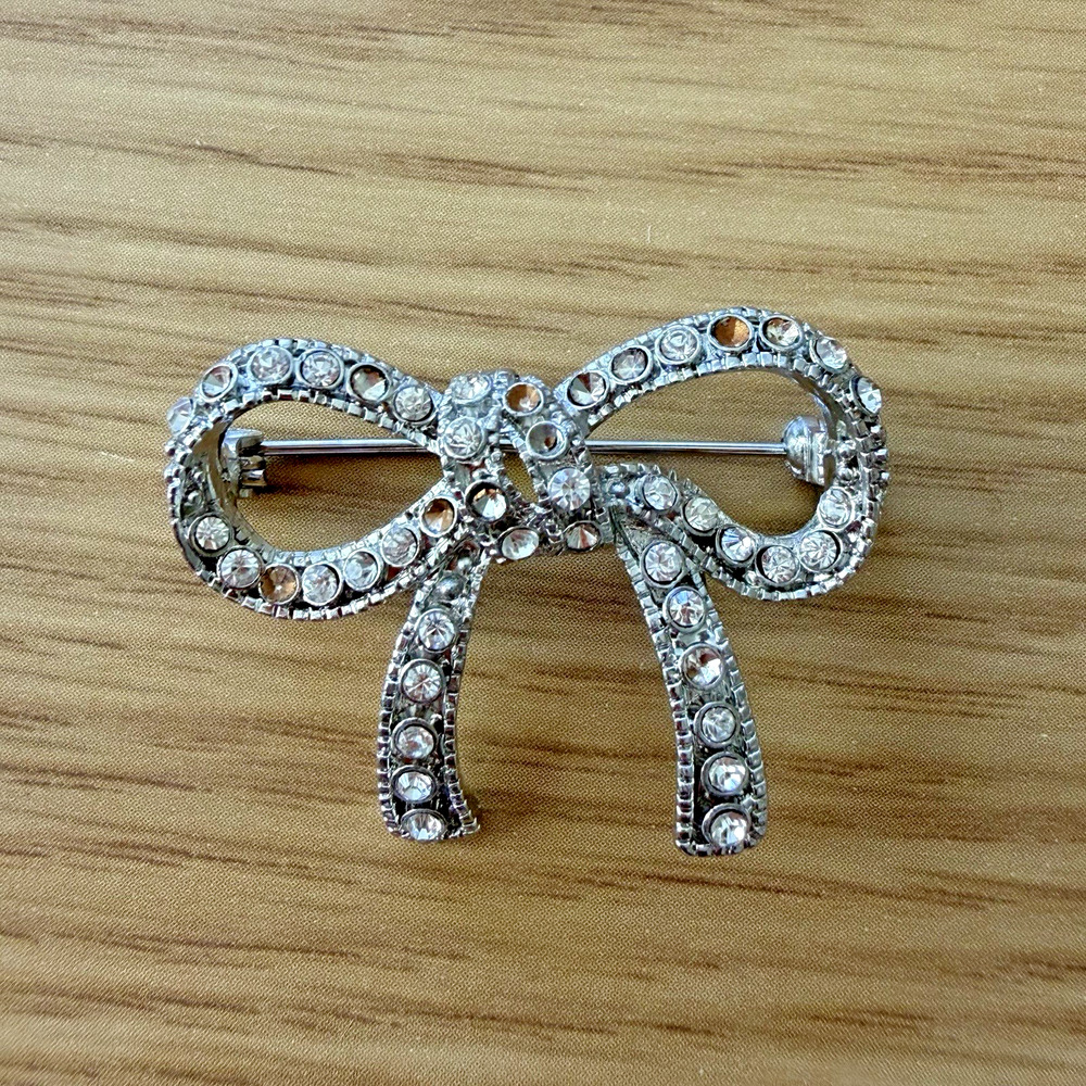 Vintage Rhinestone Bow Brooch Silver Tone Ribbon Pin 1.5” Repair Craft